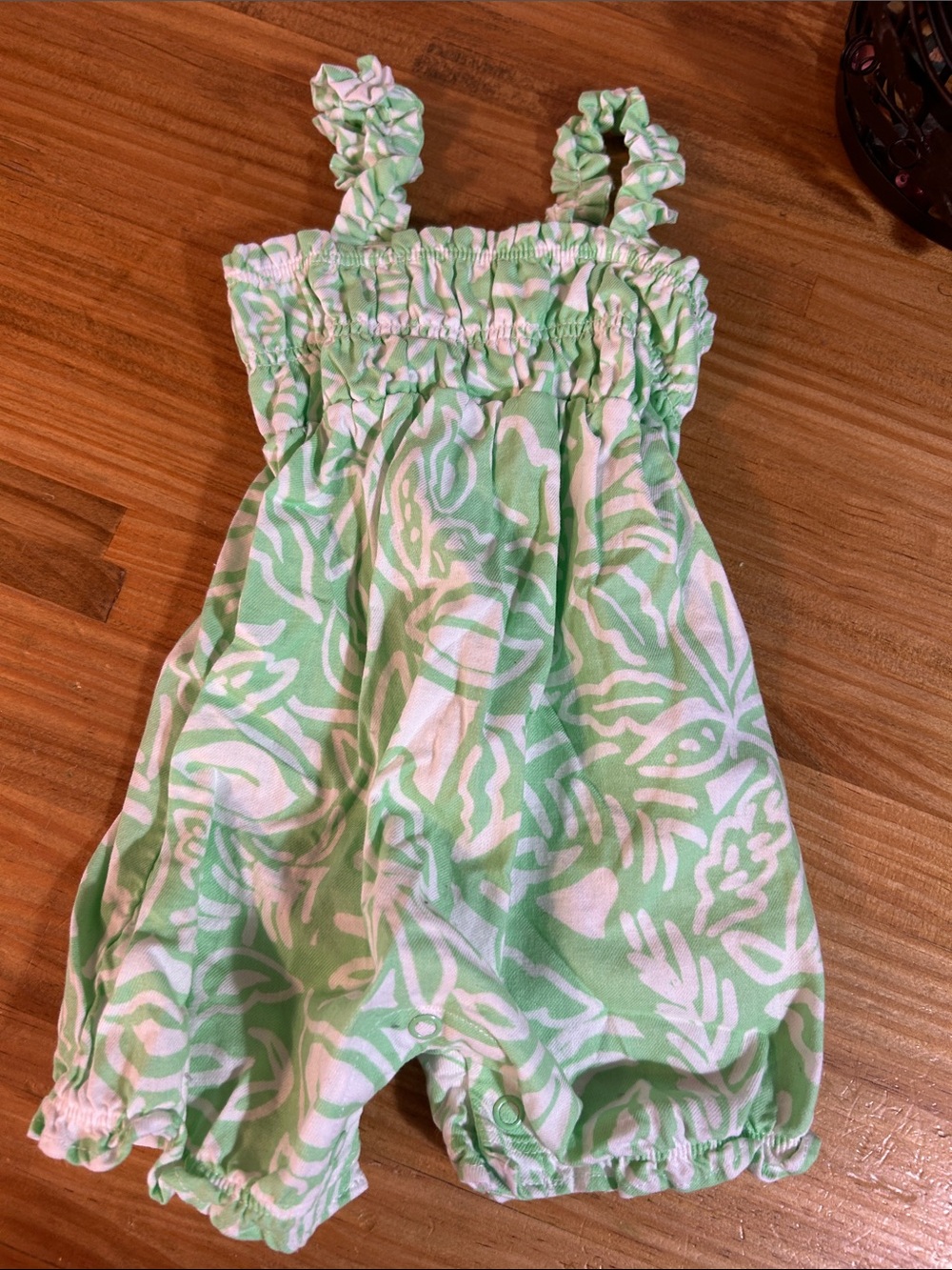 Girls Green & White Printed Romper - Kids Bottoms size 6M